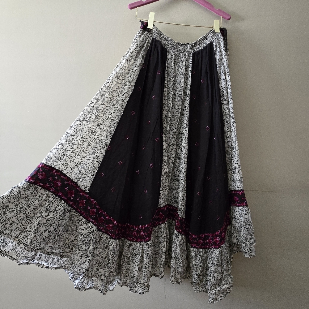 Free People Black and White Bohemian Maxi Skirt Size L Large